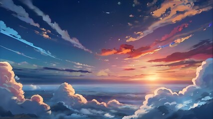 Anime fantasy wallpaper background concept : Dramatic sunset cloudscape with fiery orange and red hues painted across a blue sky, generative ai