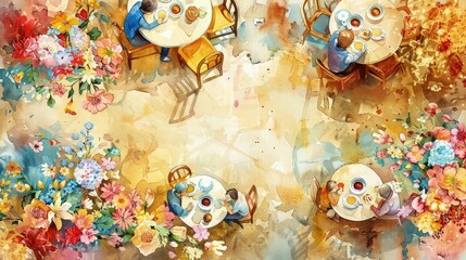 watercolor painting of dinning table of restaurant 