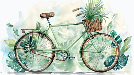 watercolor illustration of green bike with monstera leaves in the basket on the tropical leaves background