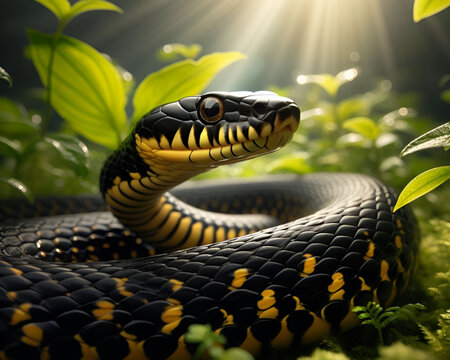 A black and yellow snake in the forest.