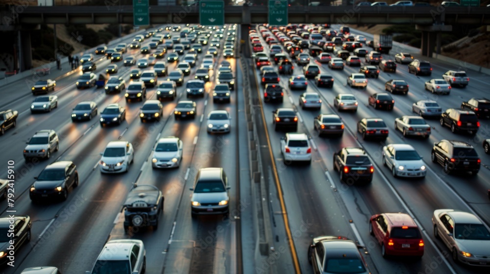 Poster frustrated commuters stuck in bumper-to-bumper traffic on a crowded highway.