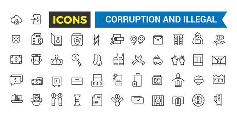 Fototapeta na wymiar Corruption And Illegal Line Icons Collection, Big Ui Icon Set In A Flat Design, Thin Outline Icons Pack, Vector Illustration