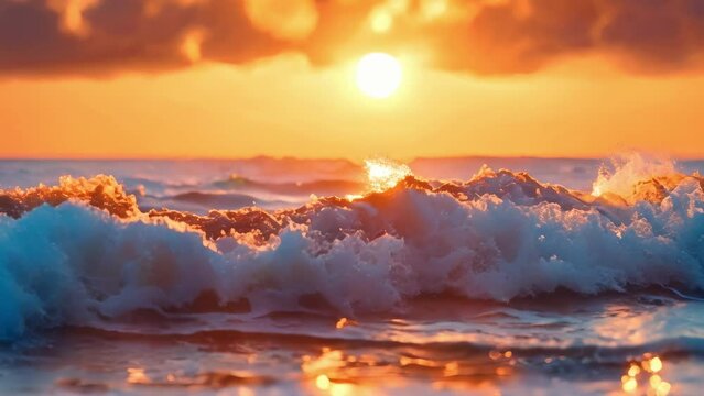 Golden Waves at Sunset Harmony. Concept Sunset Photography, Golden Hour, Ocean Landscape, Nature's Beauty, Stunning Reflections