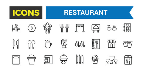 Restaurant Icons Set, Set Of Restaurant Food, Chef Hat, Alcohol, Seafood, Continental Breakfast In Hotel, Cafe Dessert, Coffee, Steak, Waiter Vector Icons With Editable Stroke, Vector Illustration