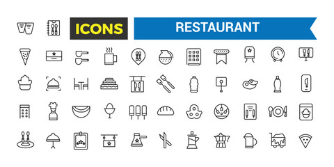 Restaurant Icons Set, Set Of Restaurant Food, Chef Hat, Alcohol, Seafood, Continental Breakfast In Hotel, Cafe Dessert, Coffee, Steak, Waiter Vector Icons With Editable Stroke, Vector Illustration
