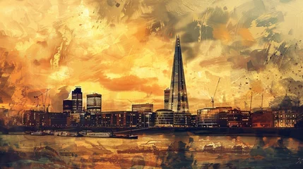 Foto op Canvas The shard building in London, golden sky, vintage style. The painting depicts the Shard building in London against a golden sky in the style of vintage art © Tuan