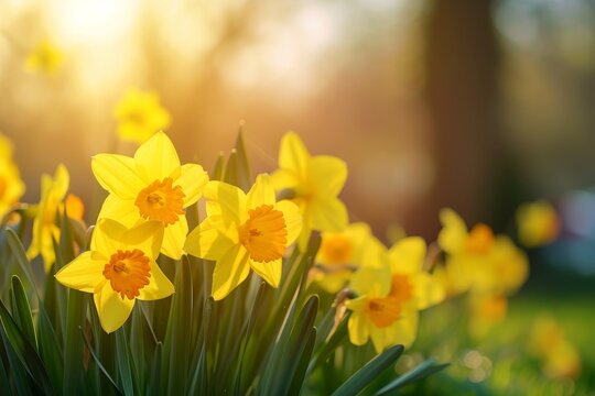 Sunlit springtime daffodils radiant in yellow