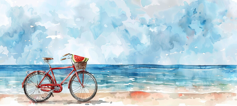 watercolor illustration with red bike with watermelon in the basket on the tropical beach background and blue sky, vacation time, summer holiday concept, travel concept