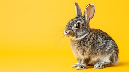 Curious Netherland Dwarf Rabbit with Perked Up Ears Against Bright Yellow Background