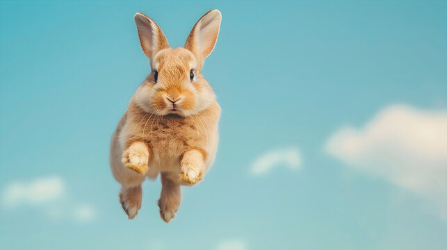 Joyful Brown Bunny Jumping Excitedly Against Vibrant Sky Blue Background