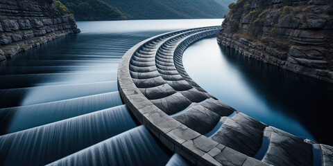 Dam harnessing hydroelectric power situated along a mountain river. - obrazy, fototapety, plakaty
