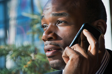 A businessman engaged in a conversation over a mobile phone