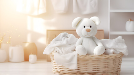A white mouse in a basket with blanket whimsical and fantasy on a sunlight background
