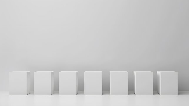 a minimalist shopping concept background with a row of blank white shopping boxes on a clean gray surface, presented in sharp full ultra HD high resolution.