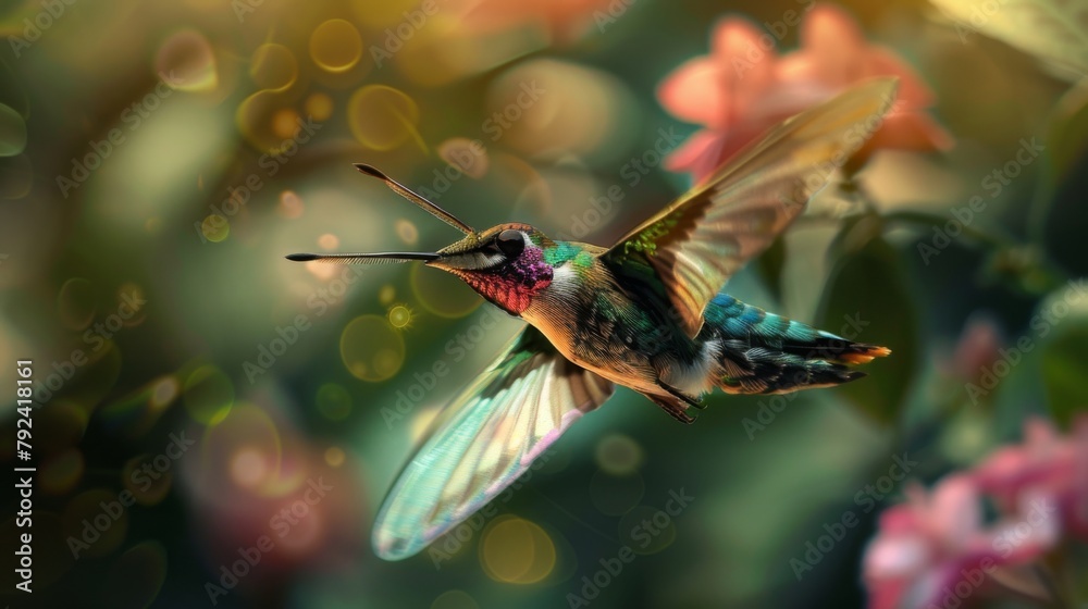 Aufkleber macro shot of a iridescent hummingbird moth hovering in mid-air, its transparent wings beating rapid