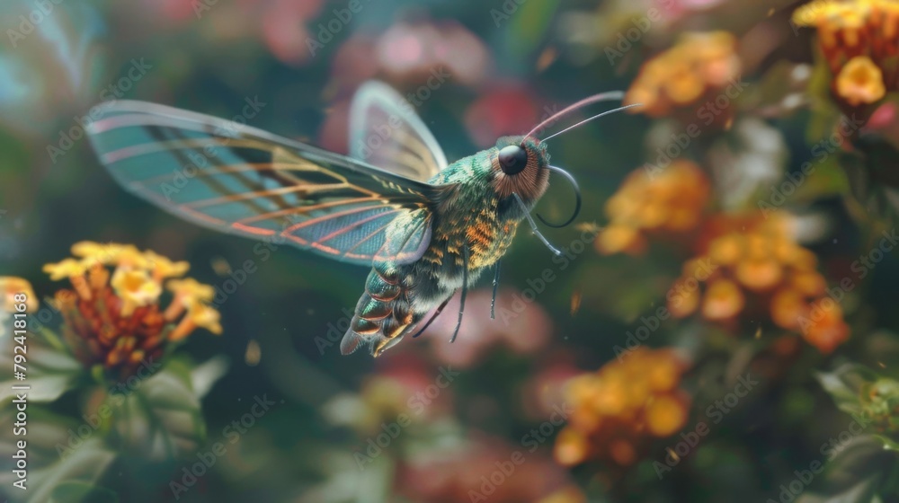 Poster Macro shot of a iridescent hummingbird moth hovering in mid-air, its transparent wings beating rapidly as it feeds on nectar