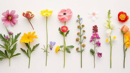 Assorted fresh flowers laid out in a row on a white background.