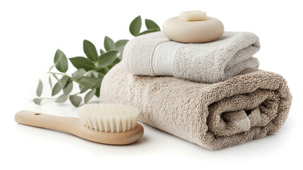 Spa essentials with towels, soap, brush, and green leaves on a white background.