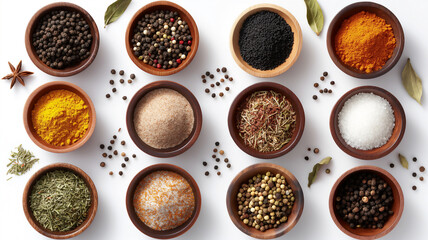 Various spices in bowls on a white surface: peppercorns, turmeric, and more.