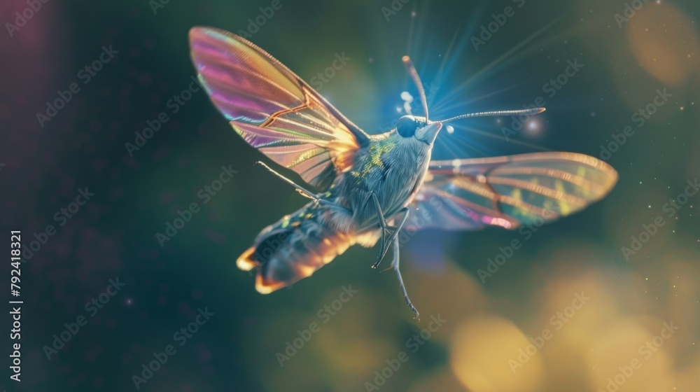 Poster Macro shot of a iridescent hummingbird moth hovering in mid-air, its transparent wings beating rapidly as it feeds on nectar