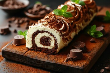 Tasty Swiss roll cake chocolate delight with cream
