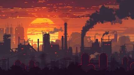 Dusky Cityscape with Industrial Silhouettes: Depicting industrial factory skylines against a dusky backdrop, showcases the Dusky Cityscape with Industrial Silhouettes.