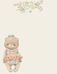 Holiday invitation, baby shower invitation, floral frame and cute animal, pastel colors