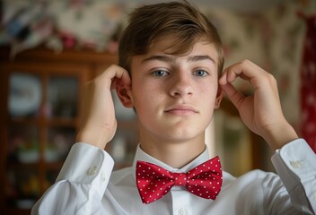 Teen boy prepares for high school prom adjusting polka dotted red bow tie