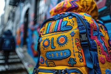 A close-up of a vibrant streetwear patch sewn onto a backpack, personalizing an everyday item