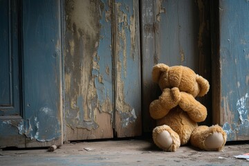 Teddy hiding at door symbolizes child abuse