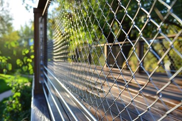Terrace fencing metal railings filled with steel cable mesh Stainless steel wire fence Wooden park dance floor