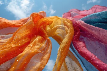 A collection of colorful scarves fluttering in the breeze, a dance of fabric and pattern - obrazy, fototapety, plakaty