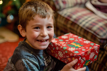 A young boy exhilarated by unwrapping a Christmas gift