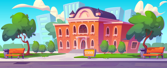 School building and outside yard cartoon background. City university house near park and road. College campus exterior with street landscape. Museum or public government institution outdoor graphic