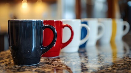 a refined shopping concept background featuring a row of coffee mugs on a polished granite countertop, portrayed in detailed full ultra HD high resolution.