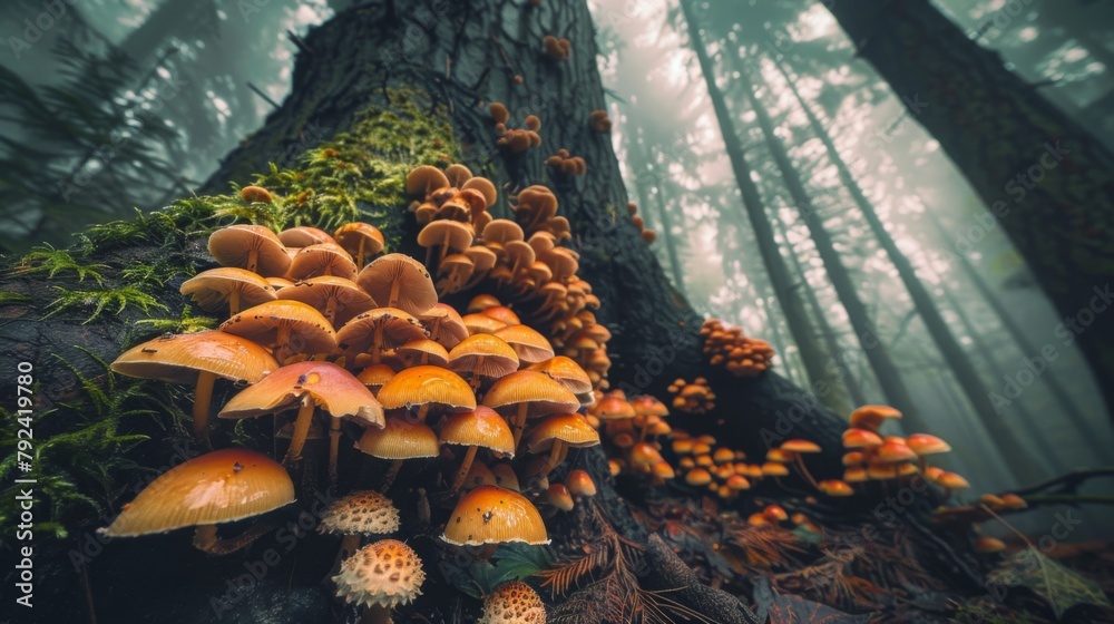 Aufkleber Mushrooms clustered around the base of a towering tree trunk in a pristine forest