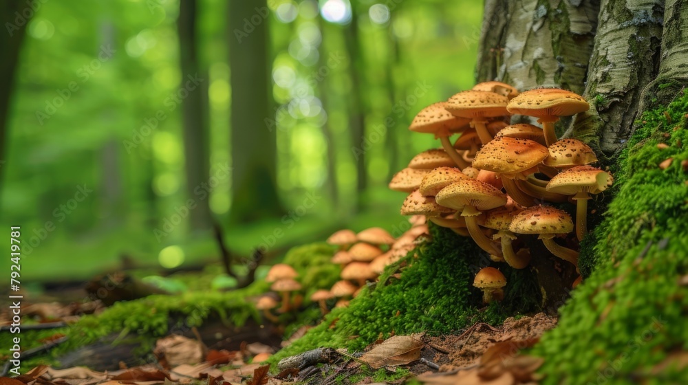 Aufkleber Mushrooms clustered around the base of a towering tree trunk in a pristine forest