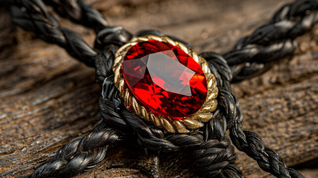 A dark twisted bolo tie with a large red gemstone in the center .