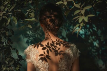 The girl s back will be in the shadow of a green branch