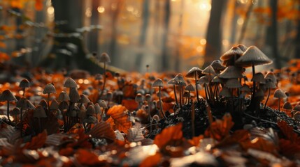 Mushrooms of different shapes and sizes sprouting amidst fallen leaves in a serene woodland - obrazy, fototapety, plakaty