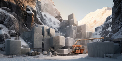 Within the marble quarry, a sizable excavator and bulldozer operate in tandem with a hefty truck.
