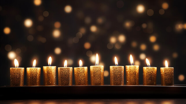 burning candles in menorah on black background with sparkle