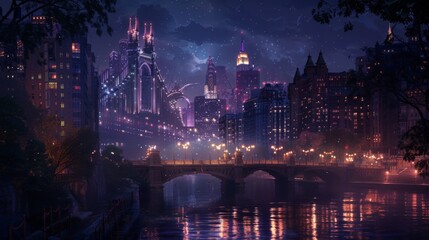 Fototapeta na wymiar Nighttime cityscape featuring an elegant bridge aglow with enchanting illumination, enhancing its architectural beauty.