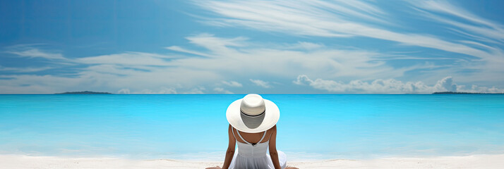 A young woman seated on a sandy beach, adorned with a sun hat, gazes towards the endless ocean waves in the distance.