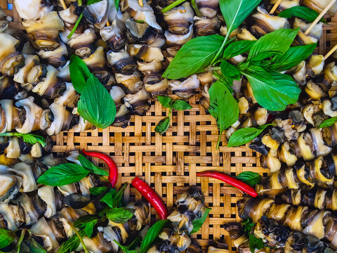 Massive basil leaves and red chilies and clams on skewers on woven baskets for sale on street food. Pomacea canaliculata (Lamarck) steamed with basil and chilli for sale. Delicious skewered mussels.