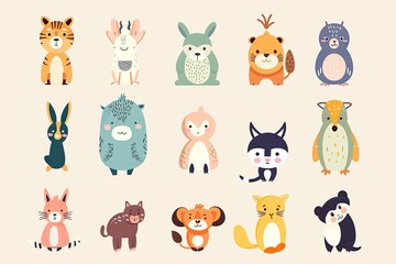 Obraz premium A set of cute cartoon animals. Vector flat images of animals for postcards