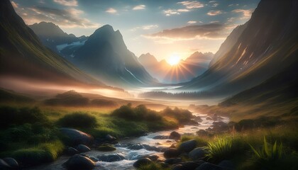 Dramatic mountain landscape bathed in the warm light of a summer sunset