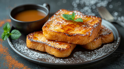Delicious French toast with maple sirup on dark plate, next to a cup of fresh coffee. On bistro countertop. 