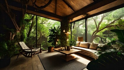 living room imagined in a tree house, lush green, modern minimalistic vibes table, interior, house, garden, home, window, chair, luxury, view, room, wood, restaurant, architecture