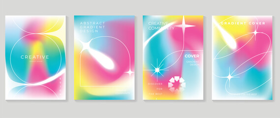 Abstract gradient fluid liquid cover template. Set of modern poster with vibrant graphic color, hologram, circle bubbles elements. Minimal style design for brochure, flyer, wallpaper, banner.